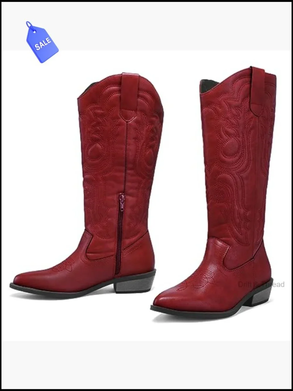 Women's Mid Calf Cowboy Boots Western Cowgirl Embroidery Chunky Heel Pull On